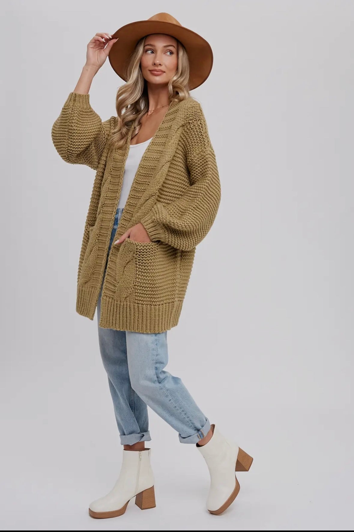 Chunky Cable Lantern Sleeve Cardigan