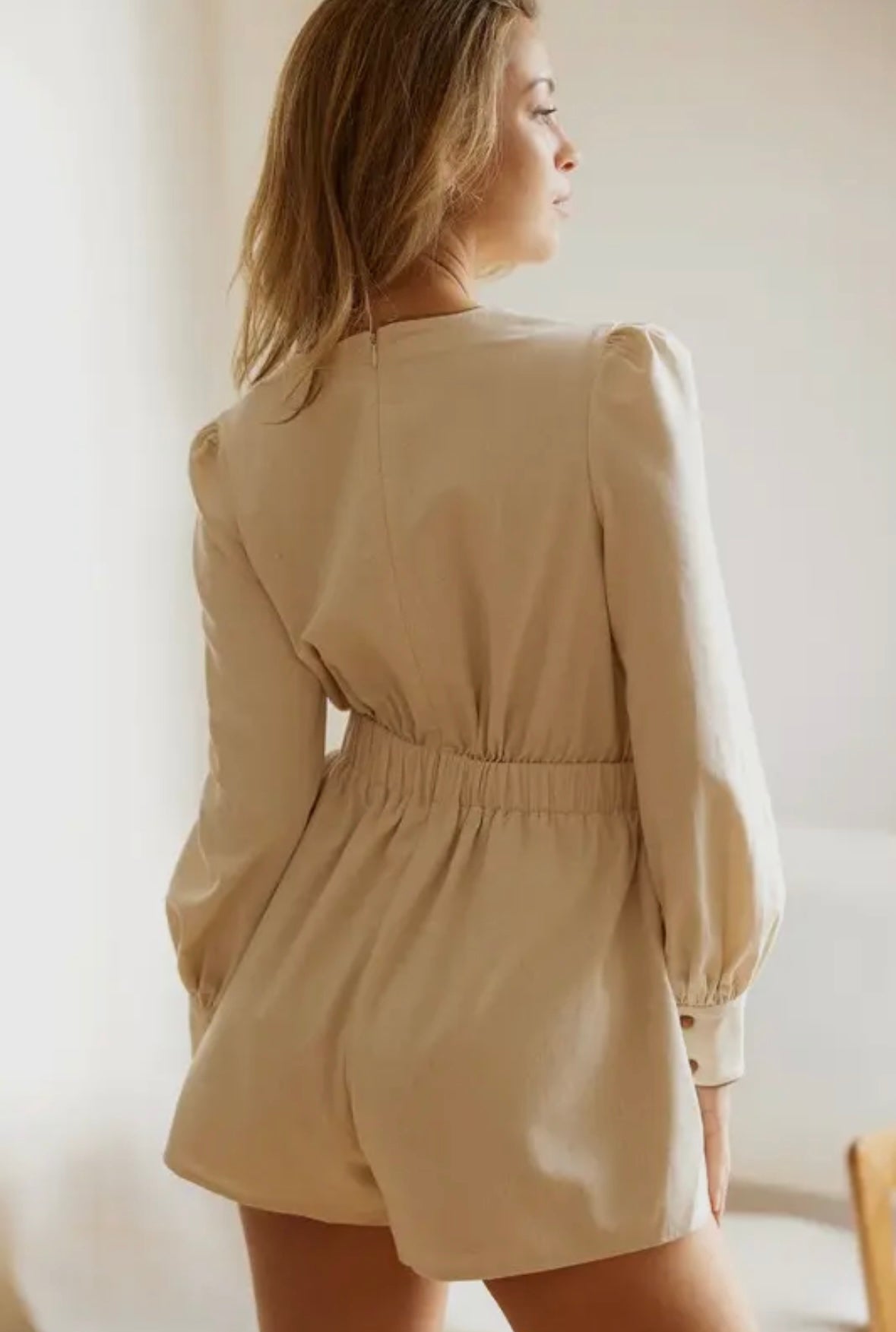 Linen Blend Long Sleeve Romper with Tie Front
