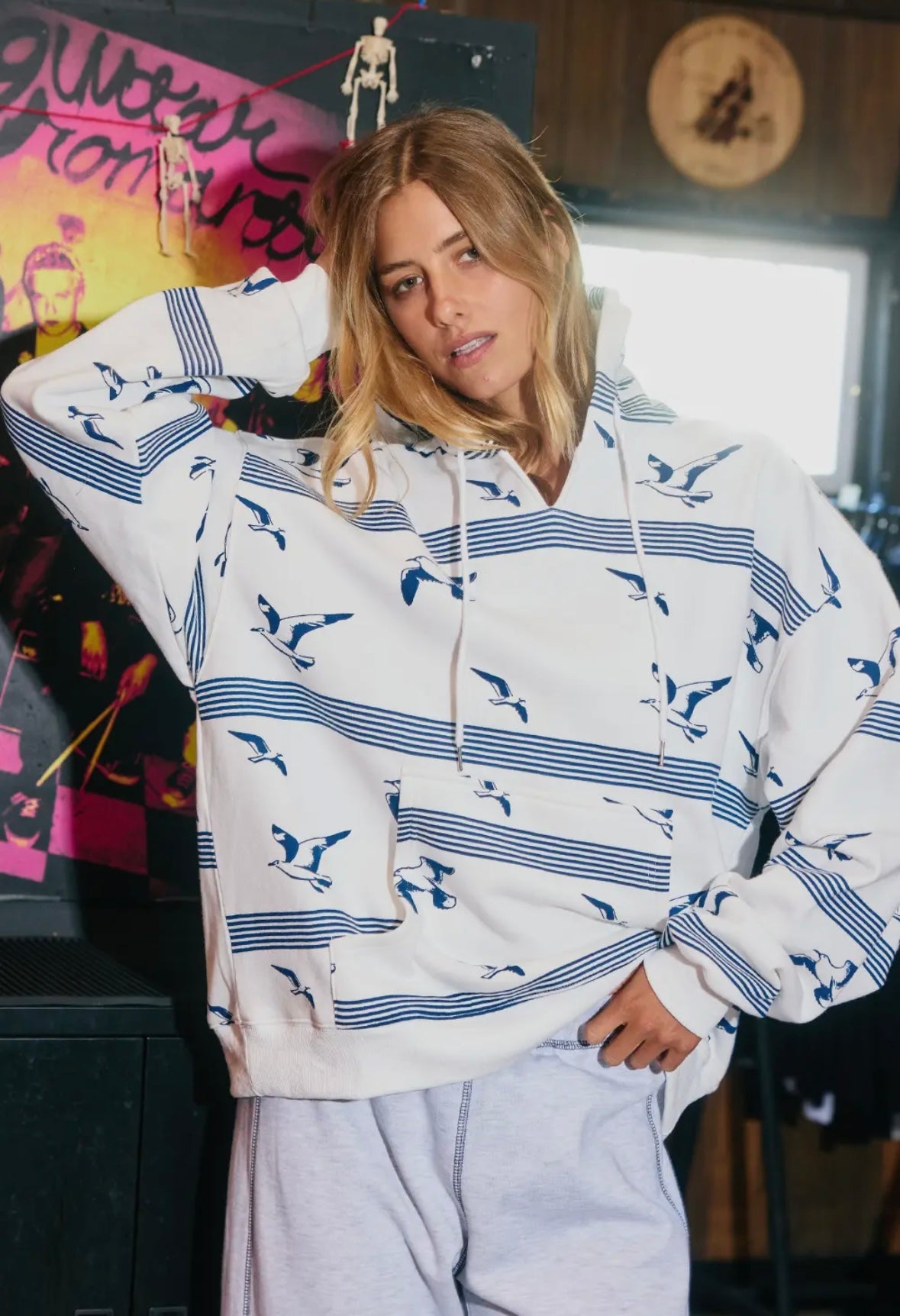 Stripe and Birds Print Oversized Hoodie