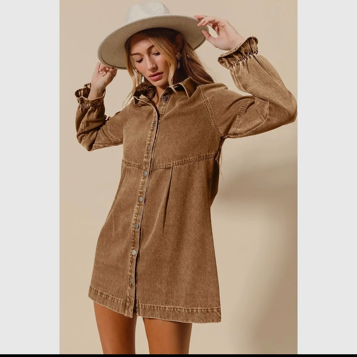 Washed Color Denim Button Down Shirt Mini Dress