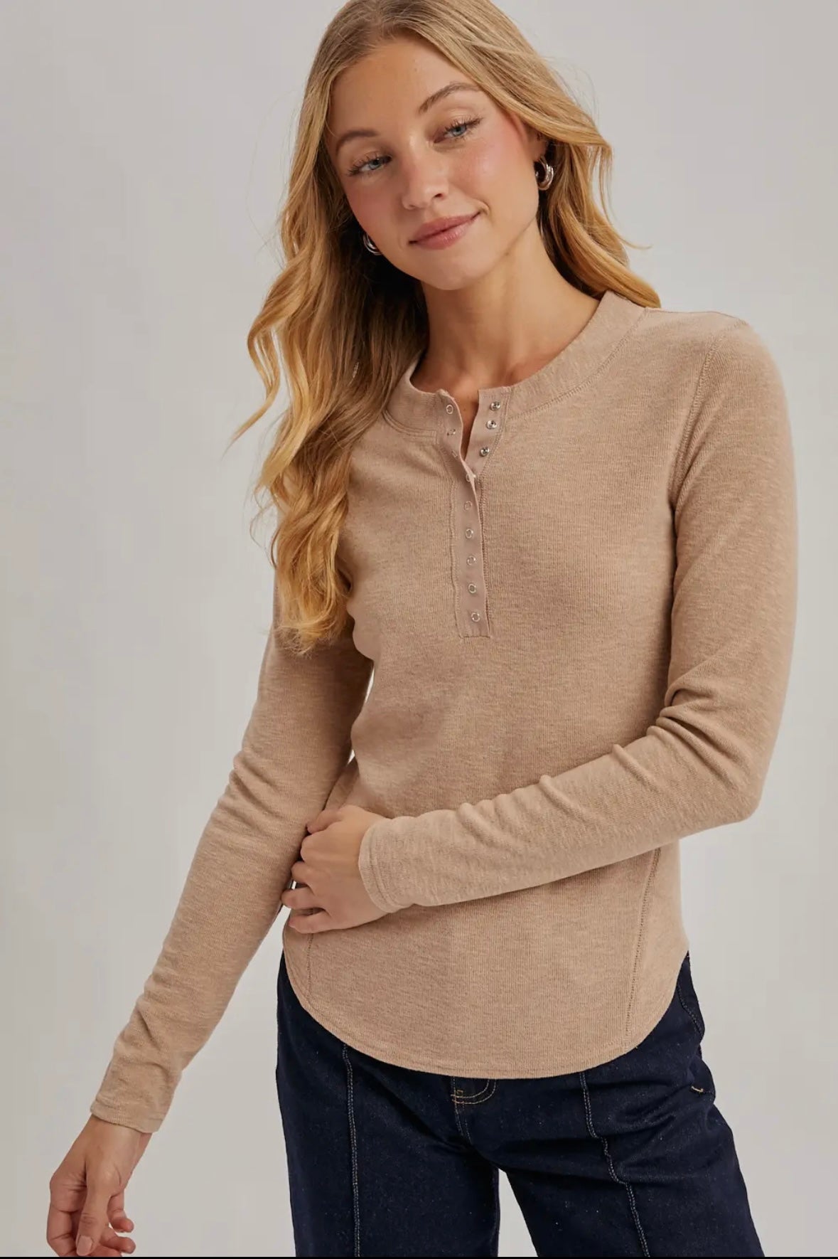 Henley Snap Button Front Dolphin Hem Knit Top