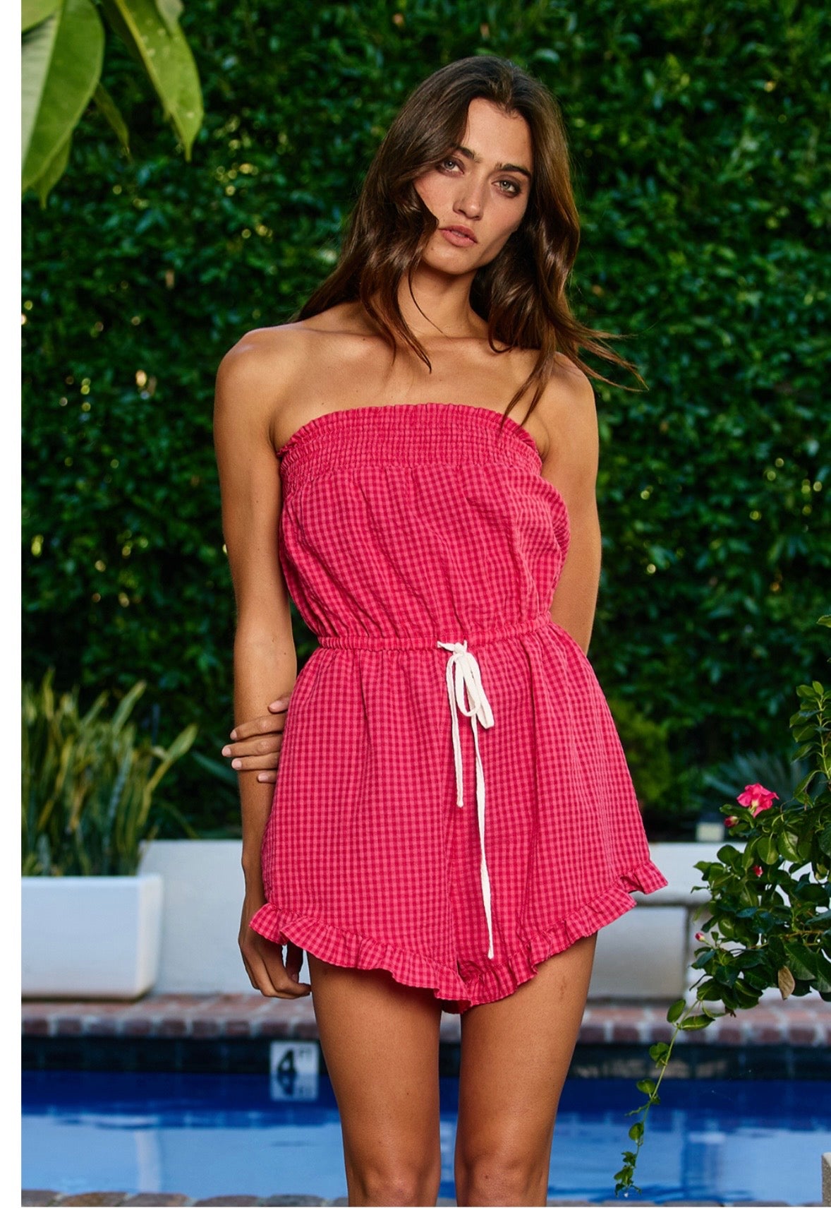 GINGHAM STRAPLESS SMOCKED ROMPER WITH RUFFLES