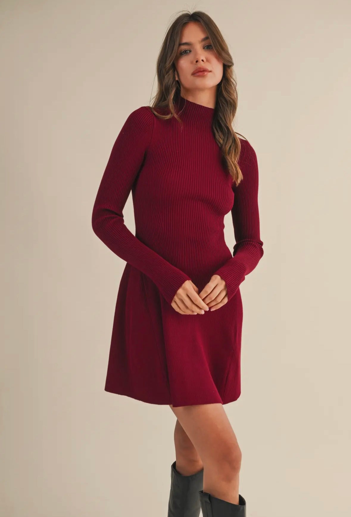 Mock Neck Long Sleeve and Flare Mini Dress