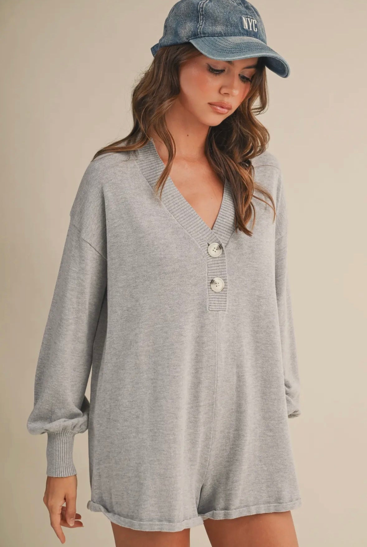 Relaxed Fit Long Sleeved Romper With Front Buttons