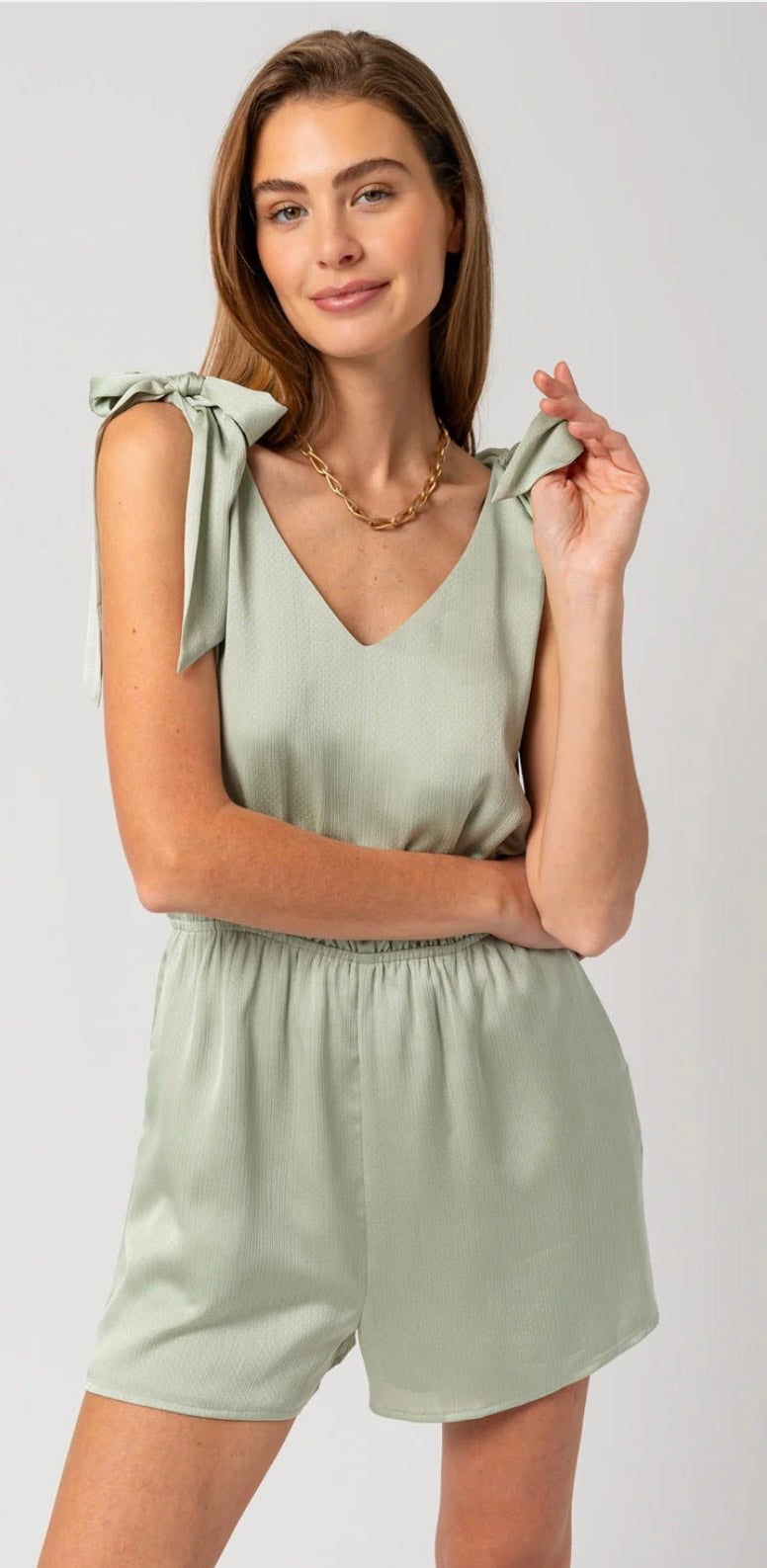 Shoulder Tie Elastic Waist V-Neck Romper