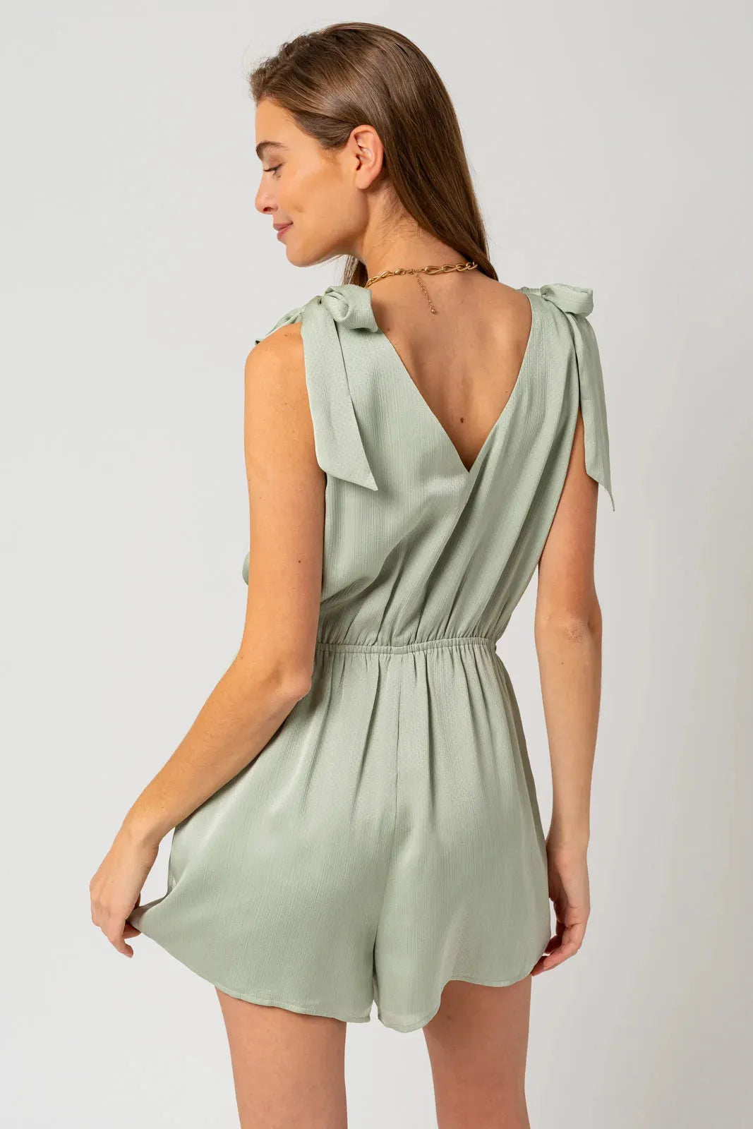 Shoulder Tie Elastic Waist V-Neck Romper