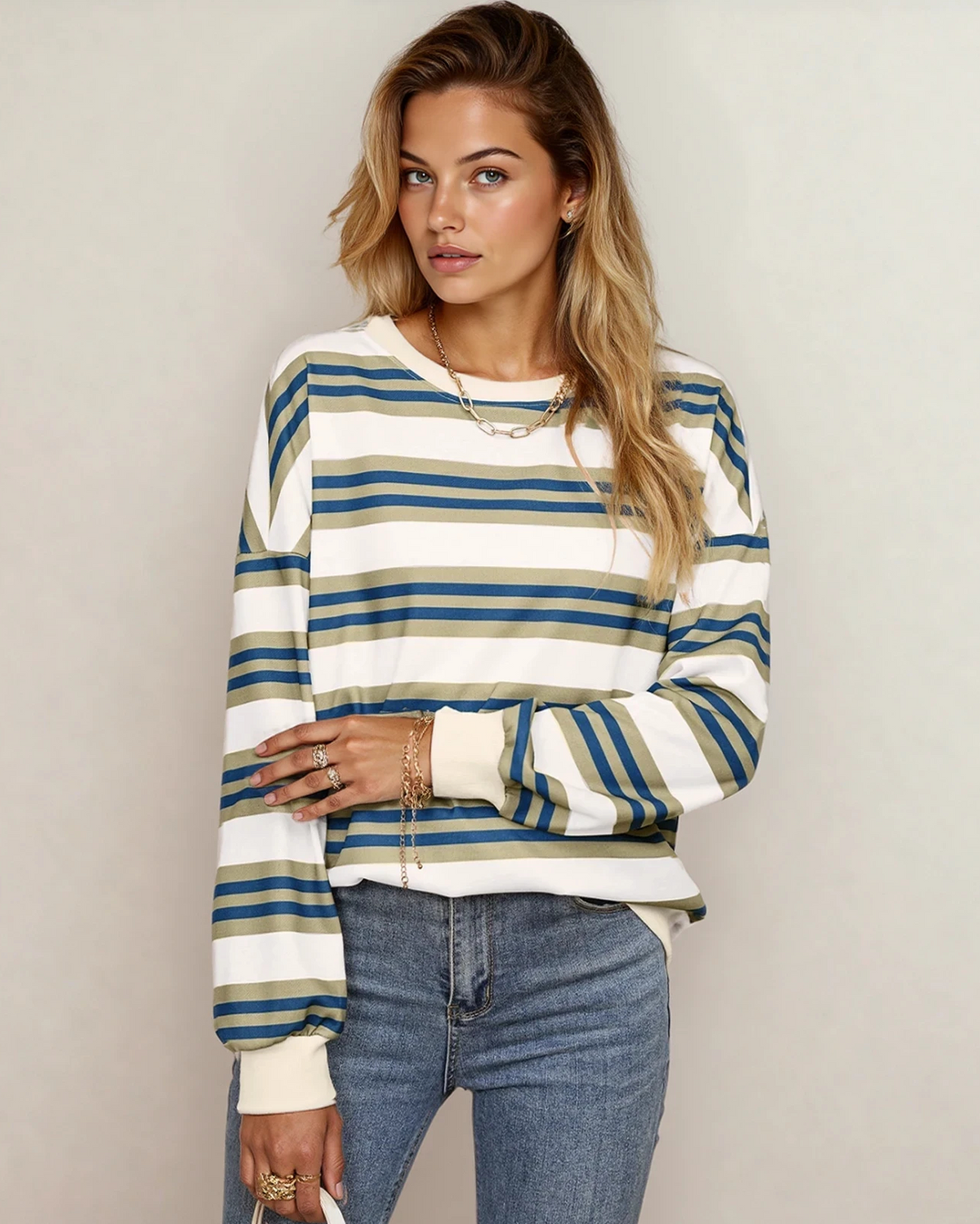Sophie Stripe Crew Neck Drop Shoulder Pullover Sweatshirt