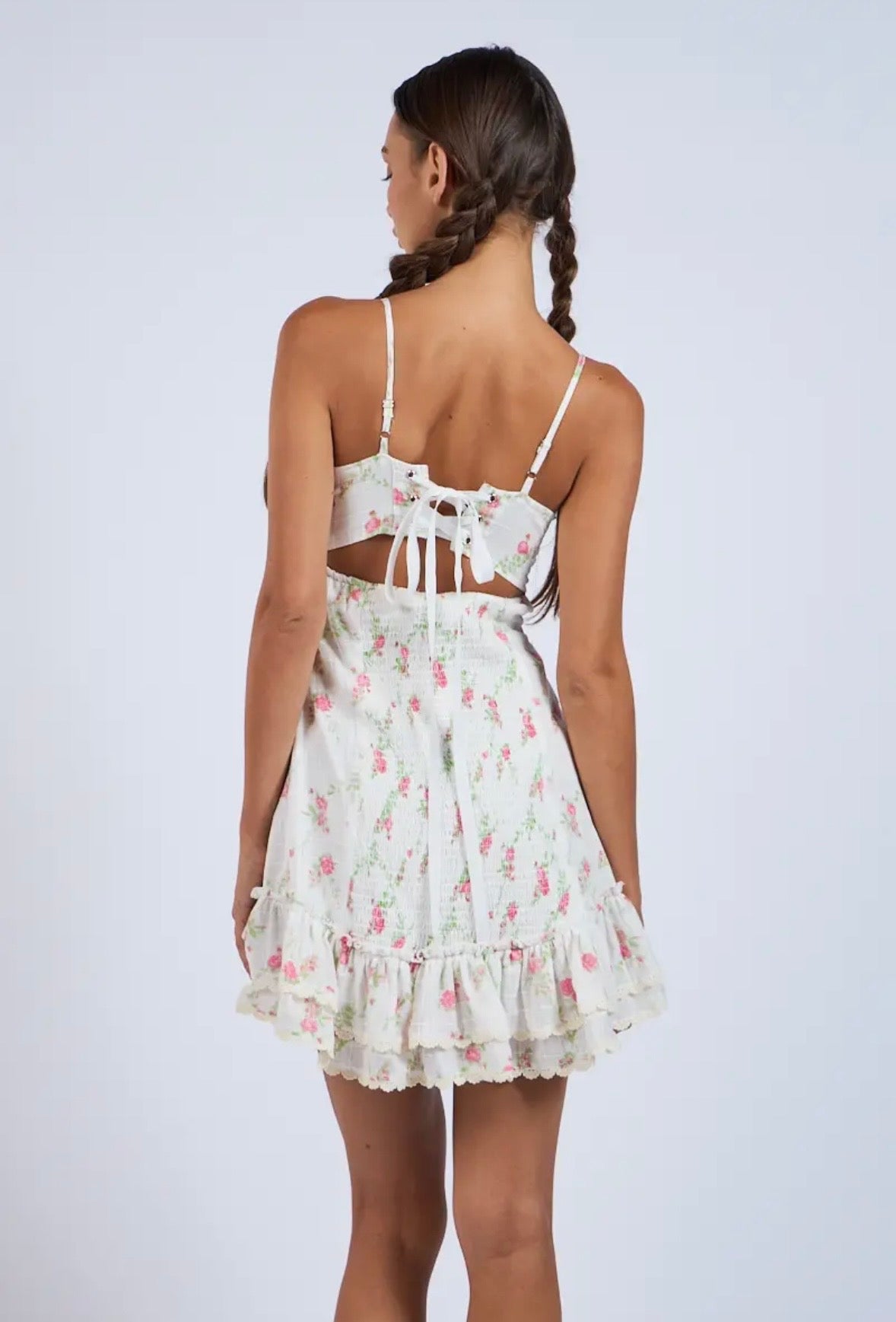 Floral Back Crossed Tie Layer Mini Dress