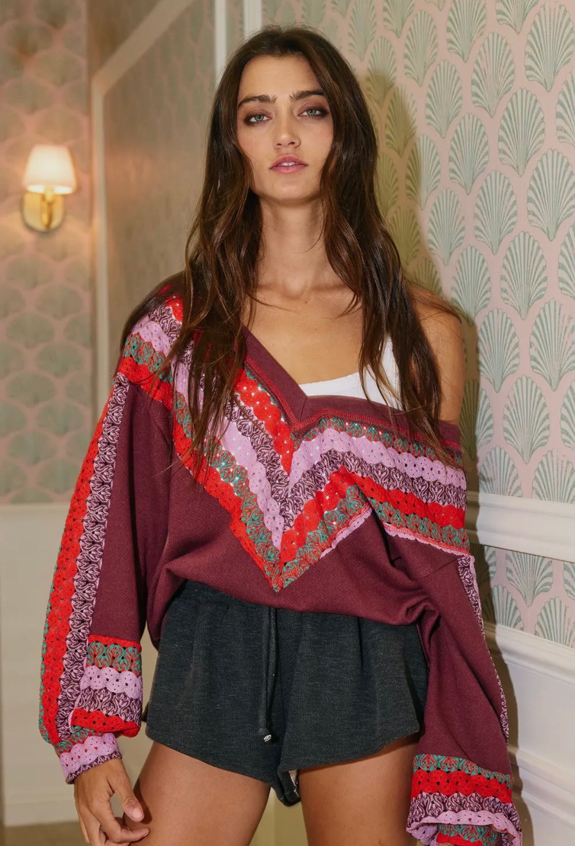 Crochet Lace Contrast Detailed V-Neck Terry Top