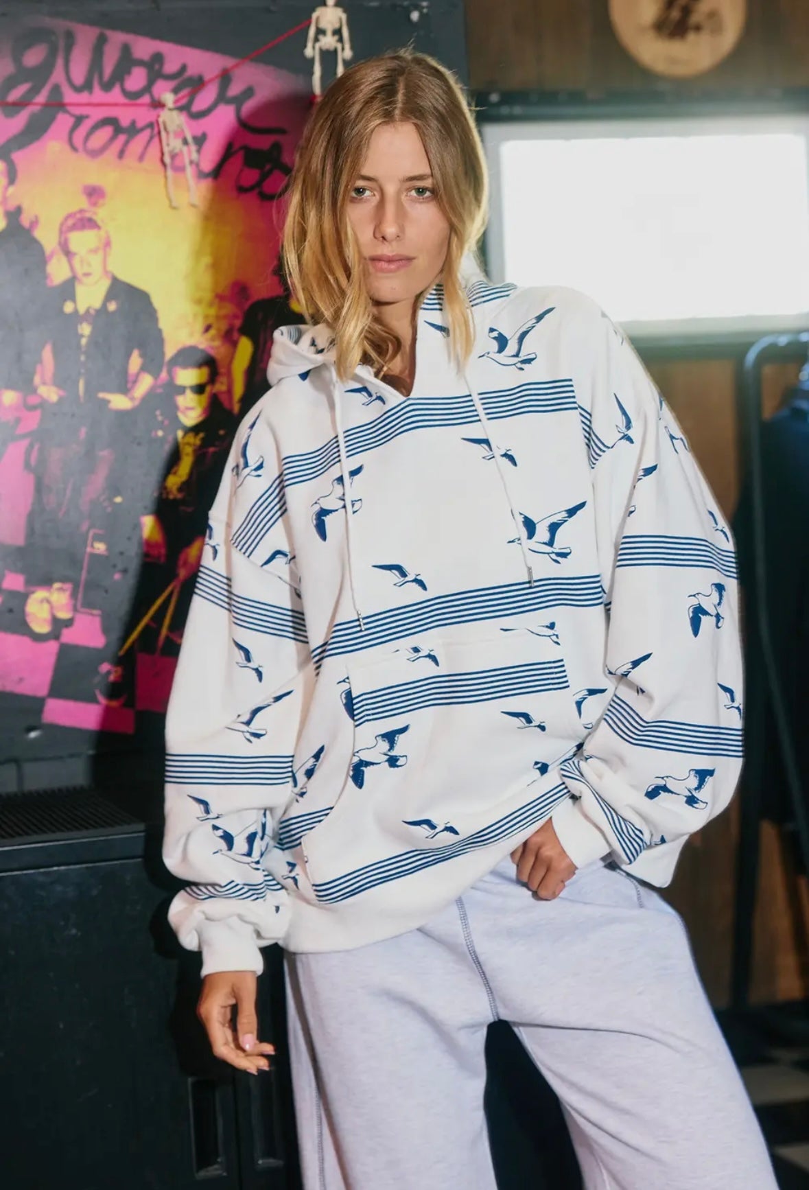 Stripe and Birds Print Oversized Hoodie
