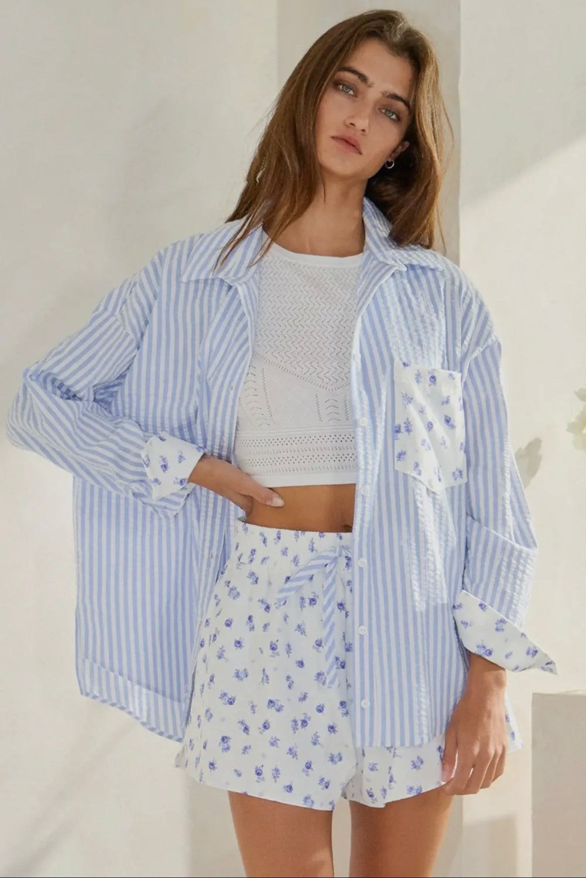 Floral Contrast Detailed Button-Down Striped Shirt