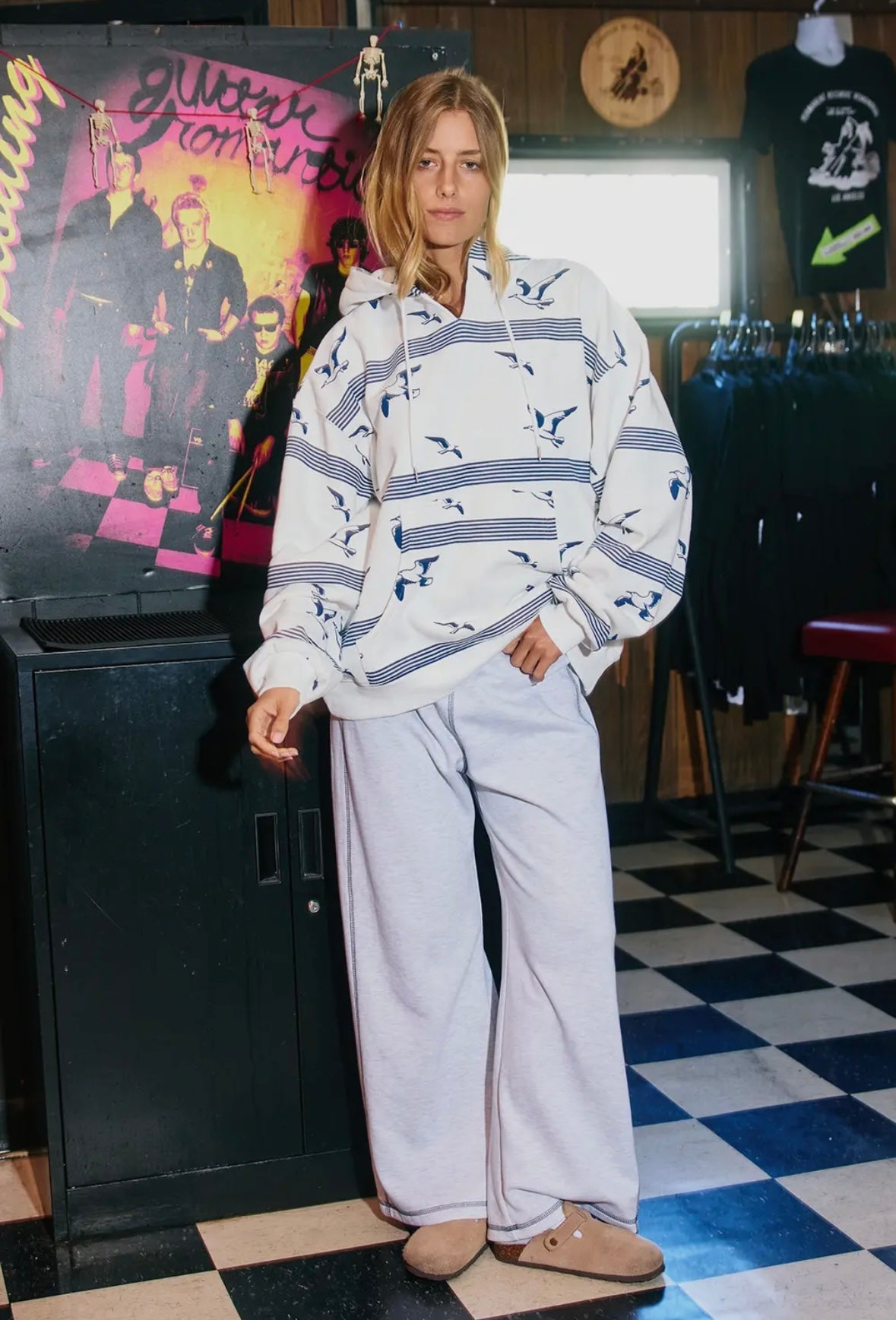 Stripe and Birds Print Oversized Hoodie