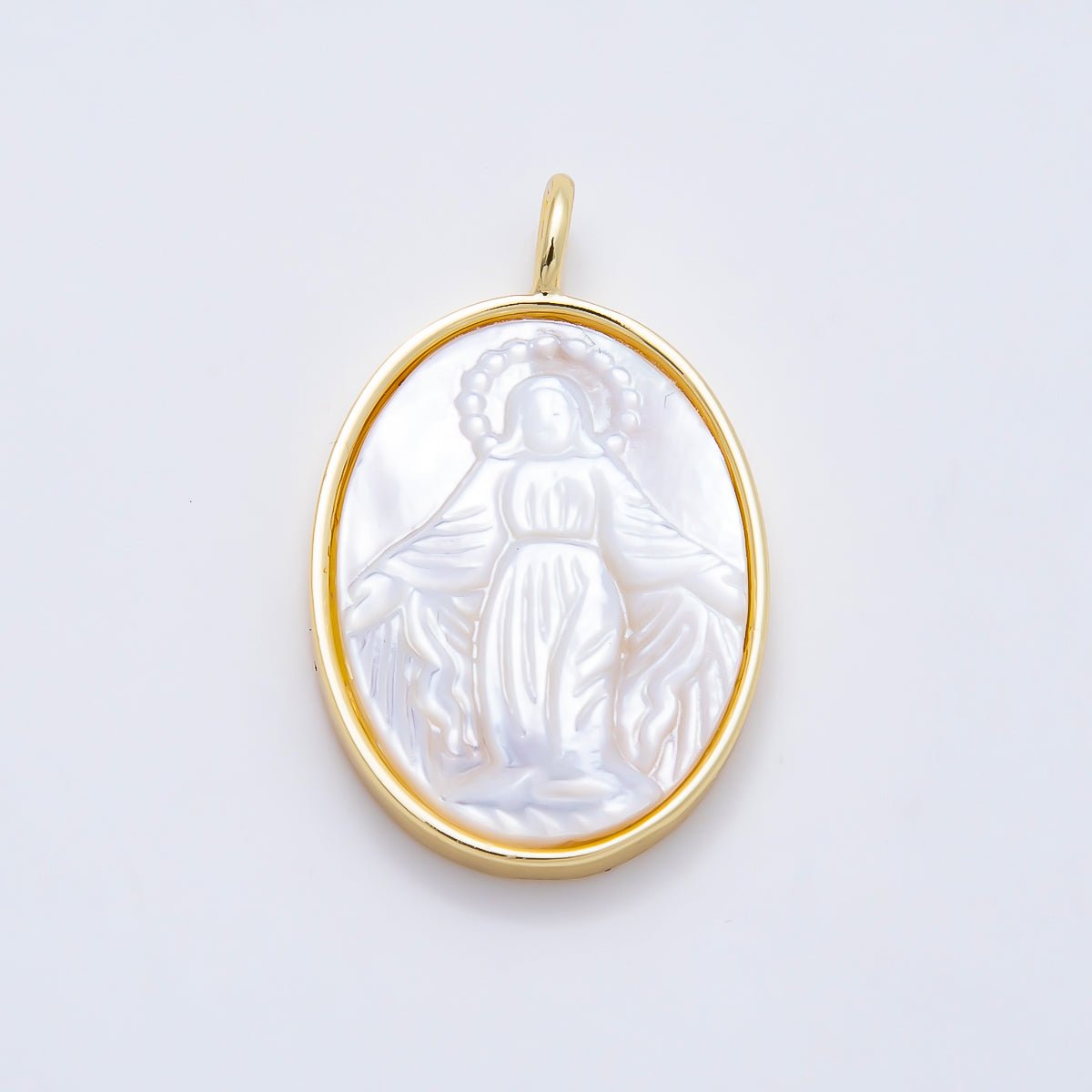 16K Gold Filled 27mm White Shell Pearl Virgin Mary Oval Charm | Charms-01508