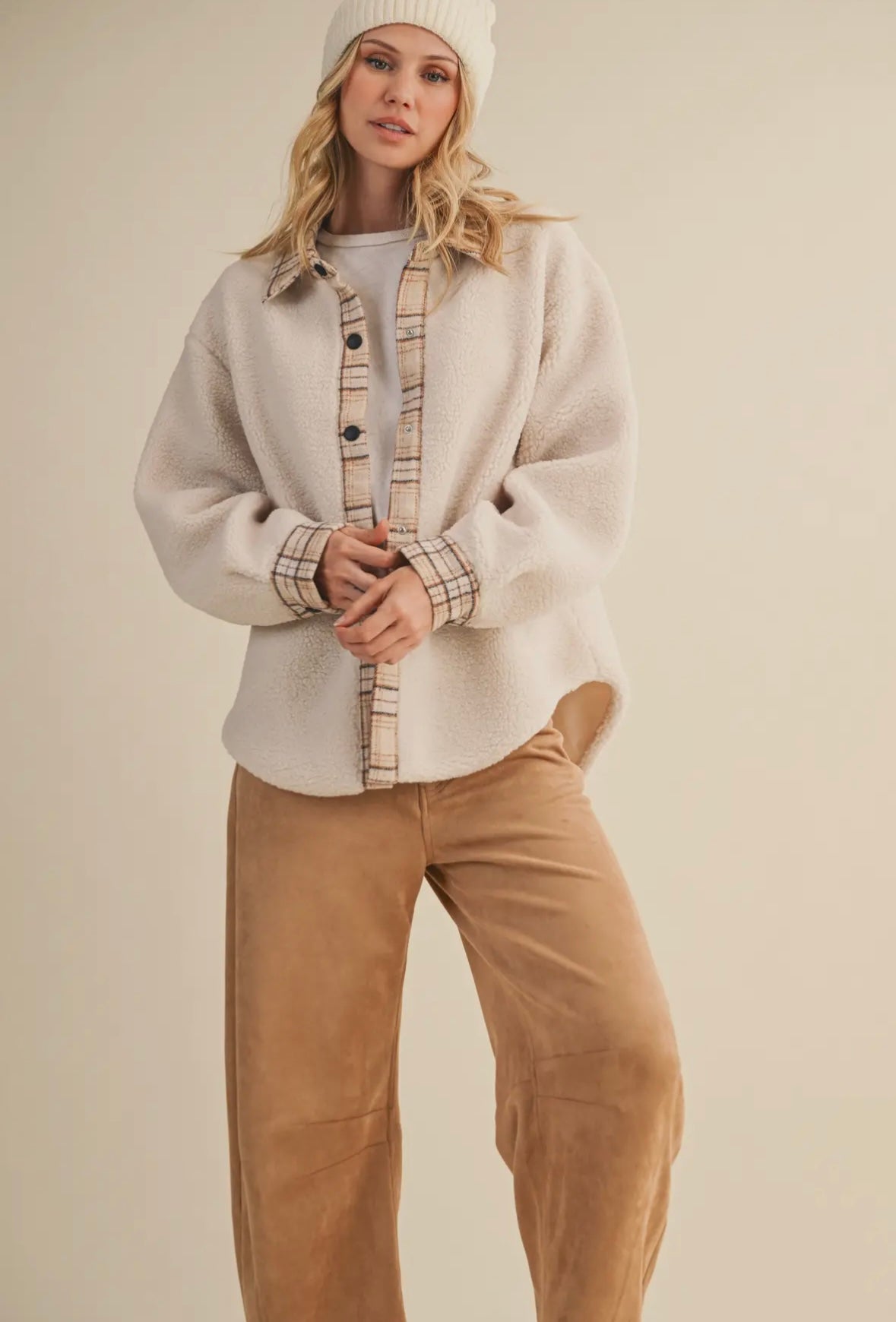 Plaid Contrast Sherpa Button Down Jacket