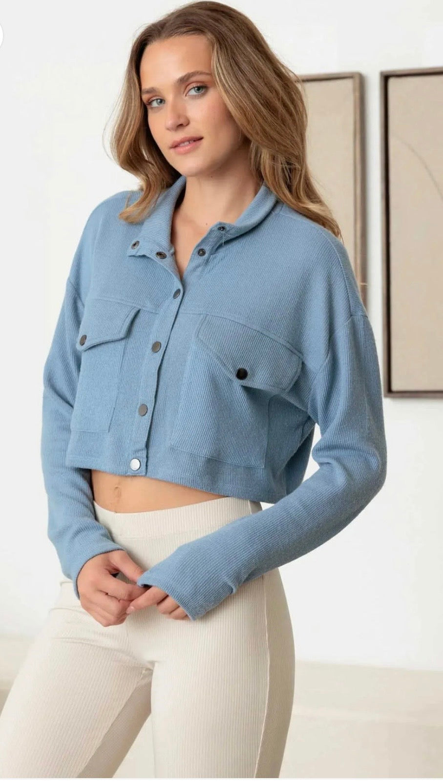 Two Pocket Long Sleeve Crew Neck Crop