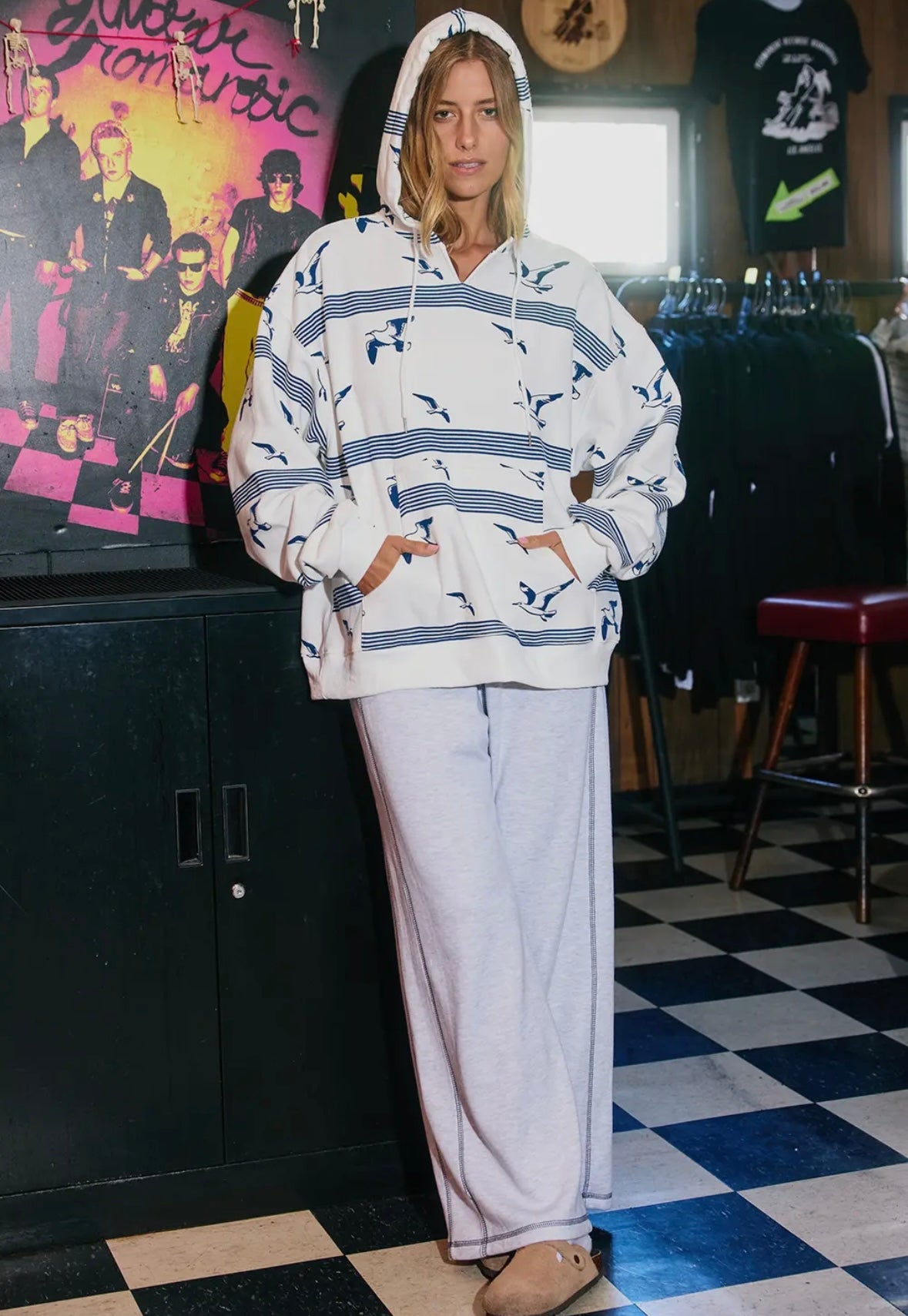 Stripe and Birds Print Oversized Hoodie