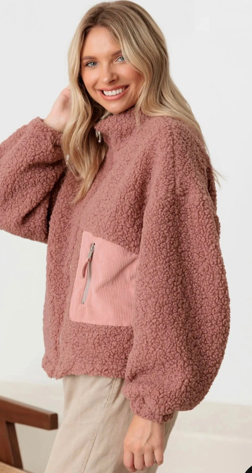 Sherpa Long Sleeve Ribbed Pocket Mock Neck Jacket