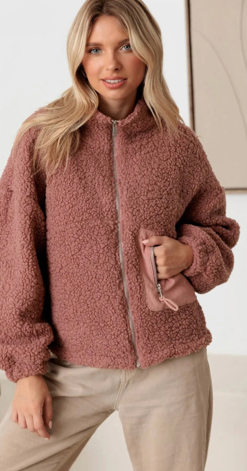 Sherpa Long Sleeve Ribbed Pocket Mock Neck Jacket