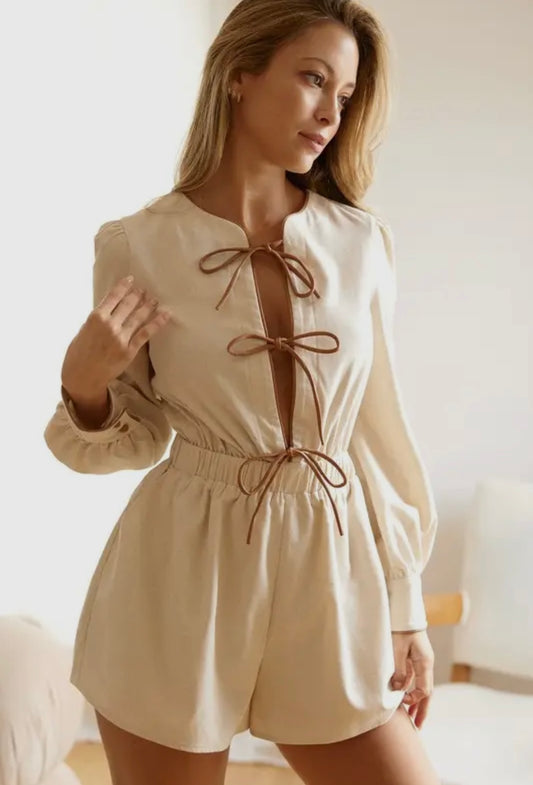 Linen Blend Long Sleeve Romper with Tie Front