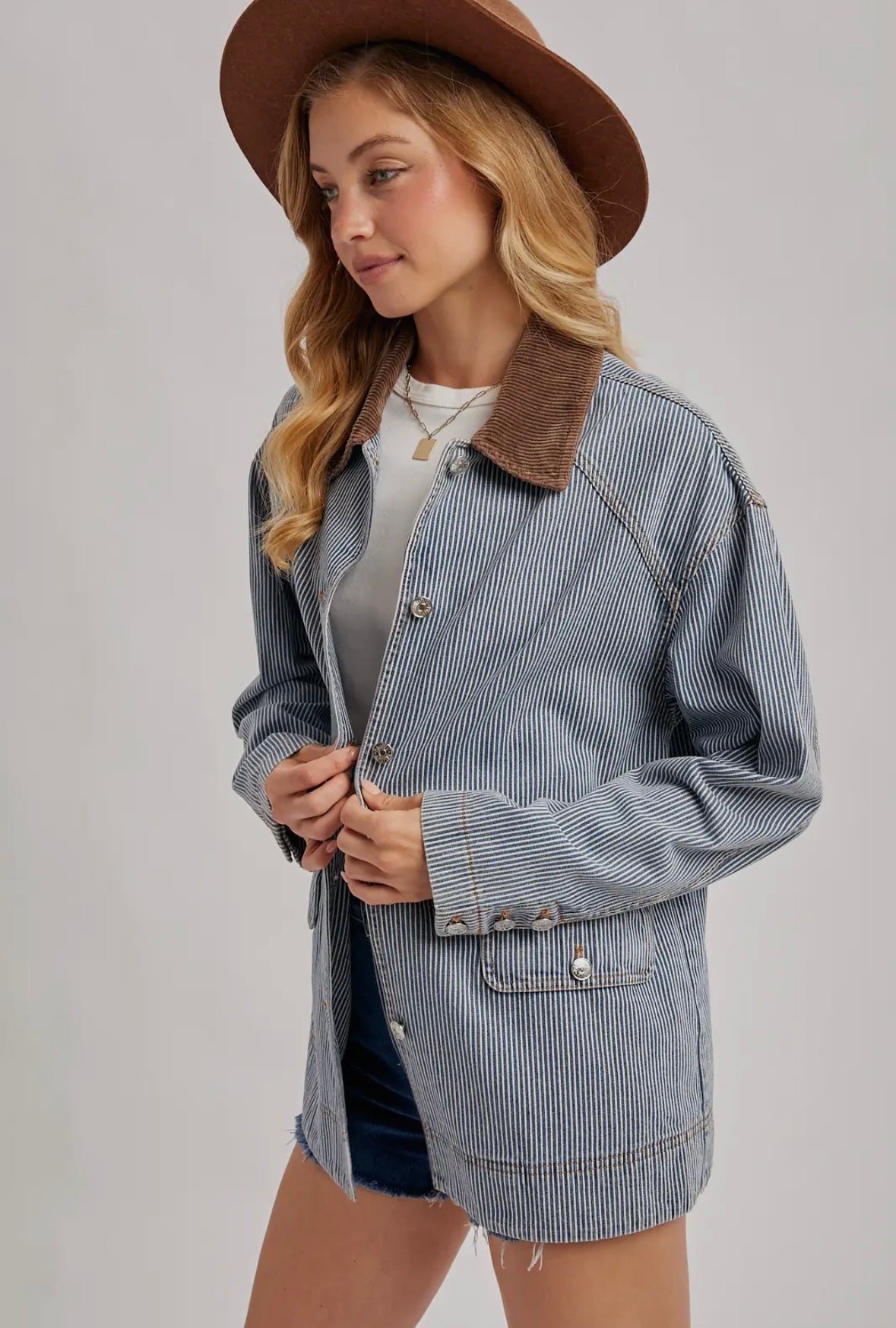 Denim Corduroy Collar Contrast Barn Coat