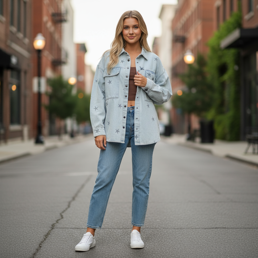 Star Print Washed Denim Shirt Jacket Shacket