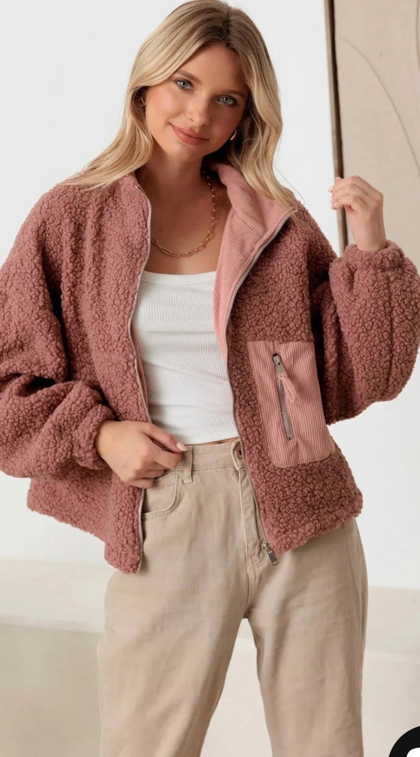 Sherpa Long Sleeve Ribbed Pocket Mock Neck Jacket