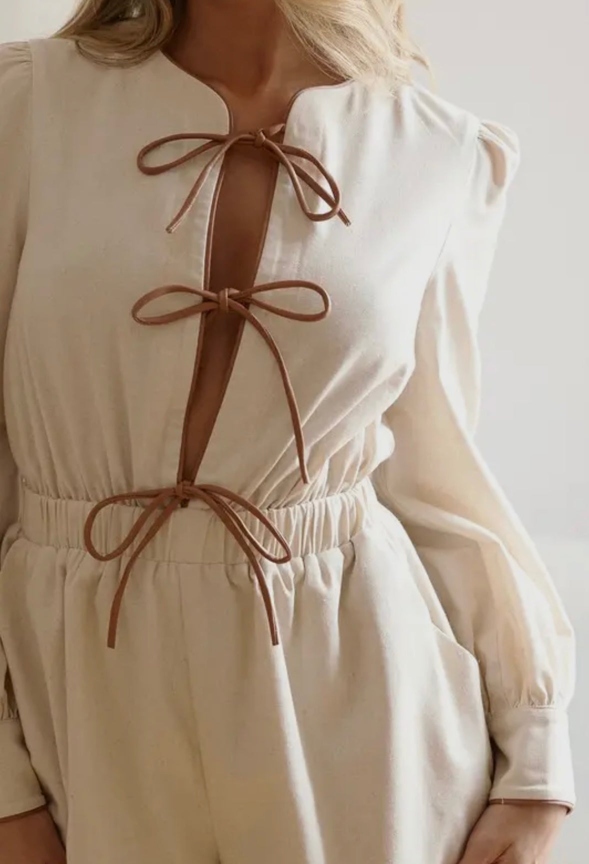 Linen Blend Long Sleeve Romper with Tie Front