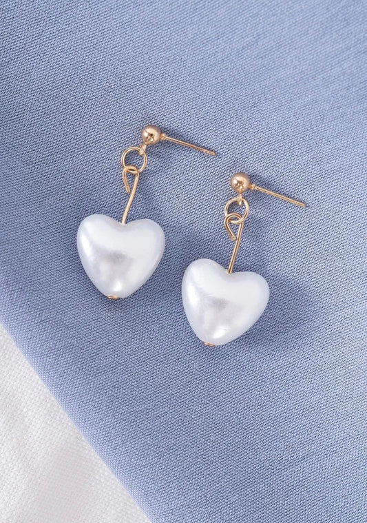 Gold Heart Shape Pearl Drop Earrings