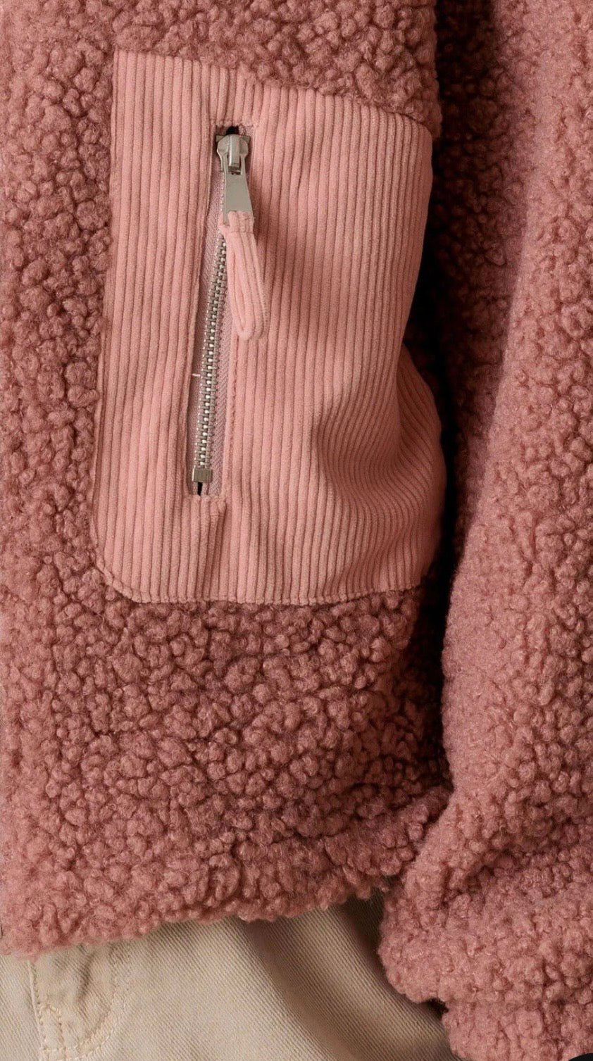 Sherpa Long Sleeve Ribbed Pocket Mock Neck Jacket