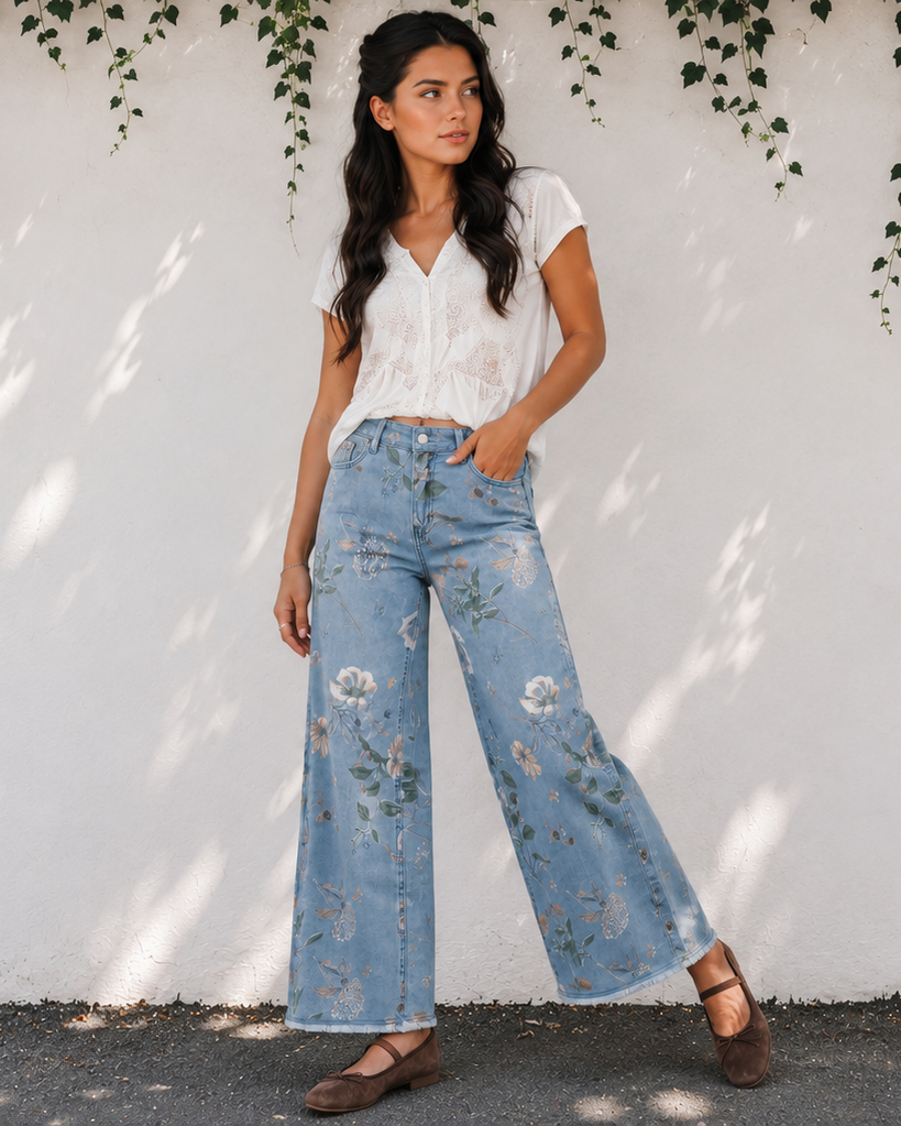 Kinsley Retro Floral Print Frayed Hem Shift Jeans