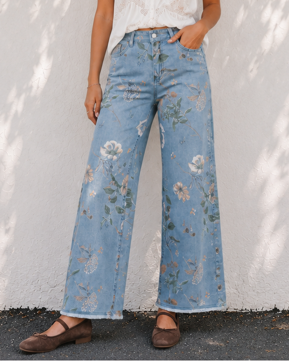 Kinsley Retro Floral Print Frayed Hem Shift Jeans