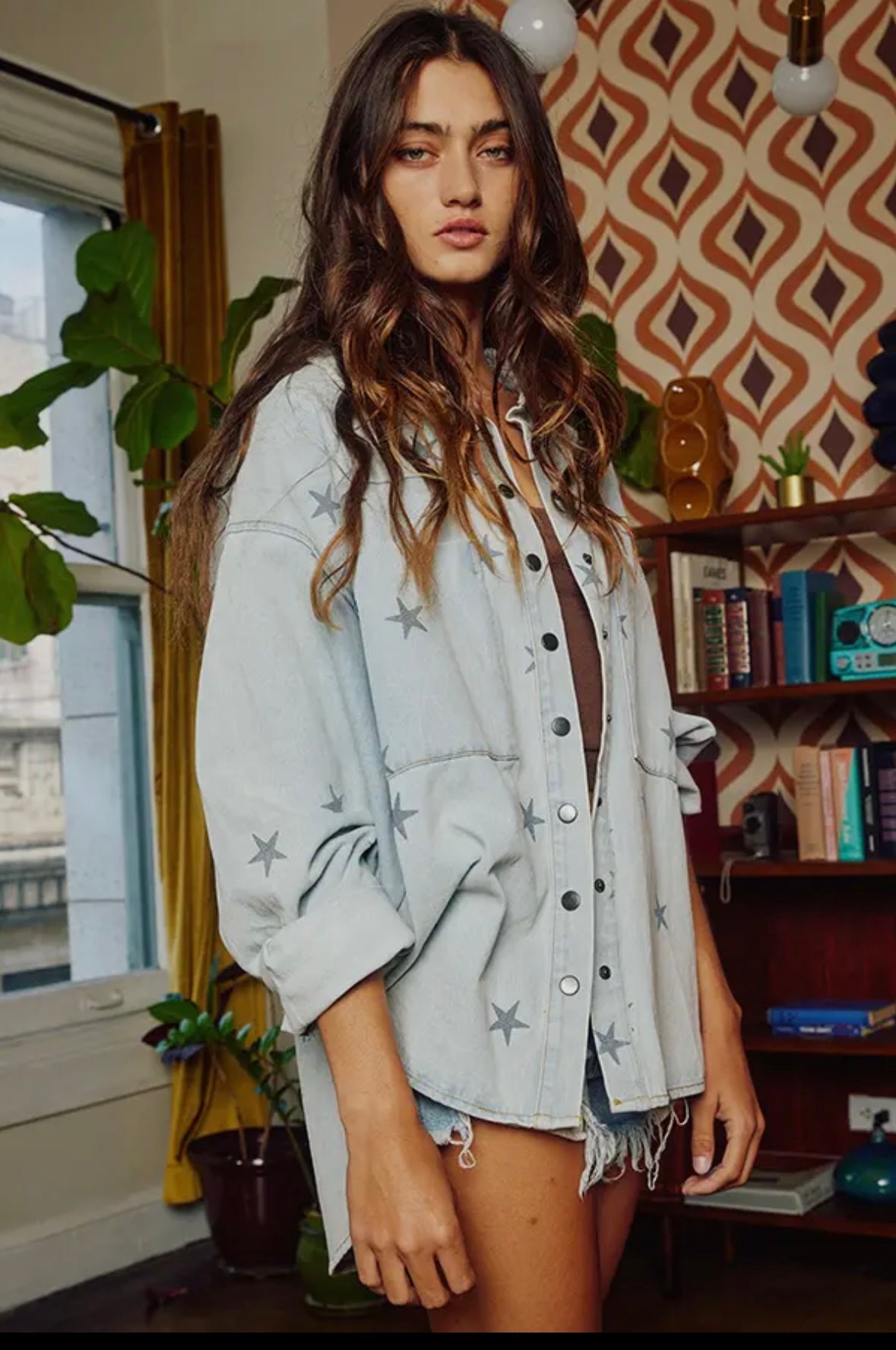 Star Print Washed Denim Shirt Jacket Shacket