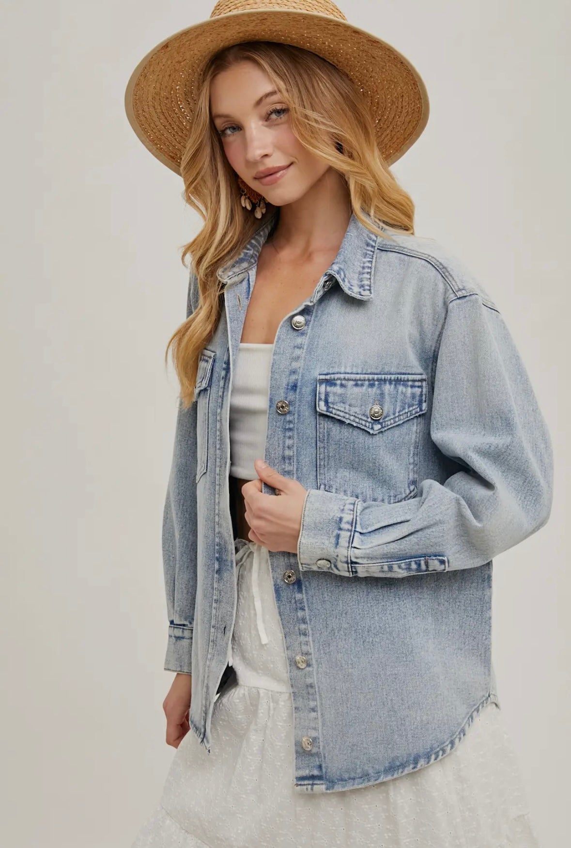Washed Denim Button Down Shirt Jacket