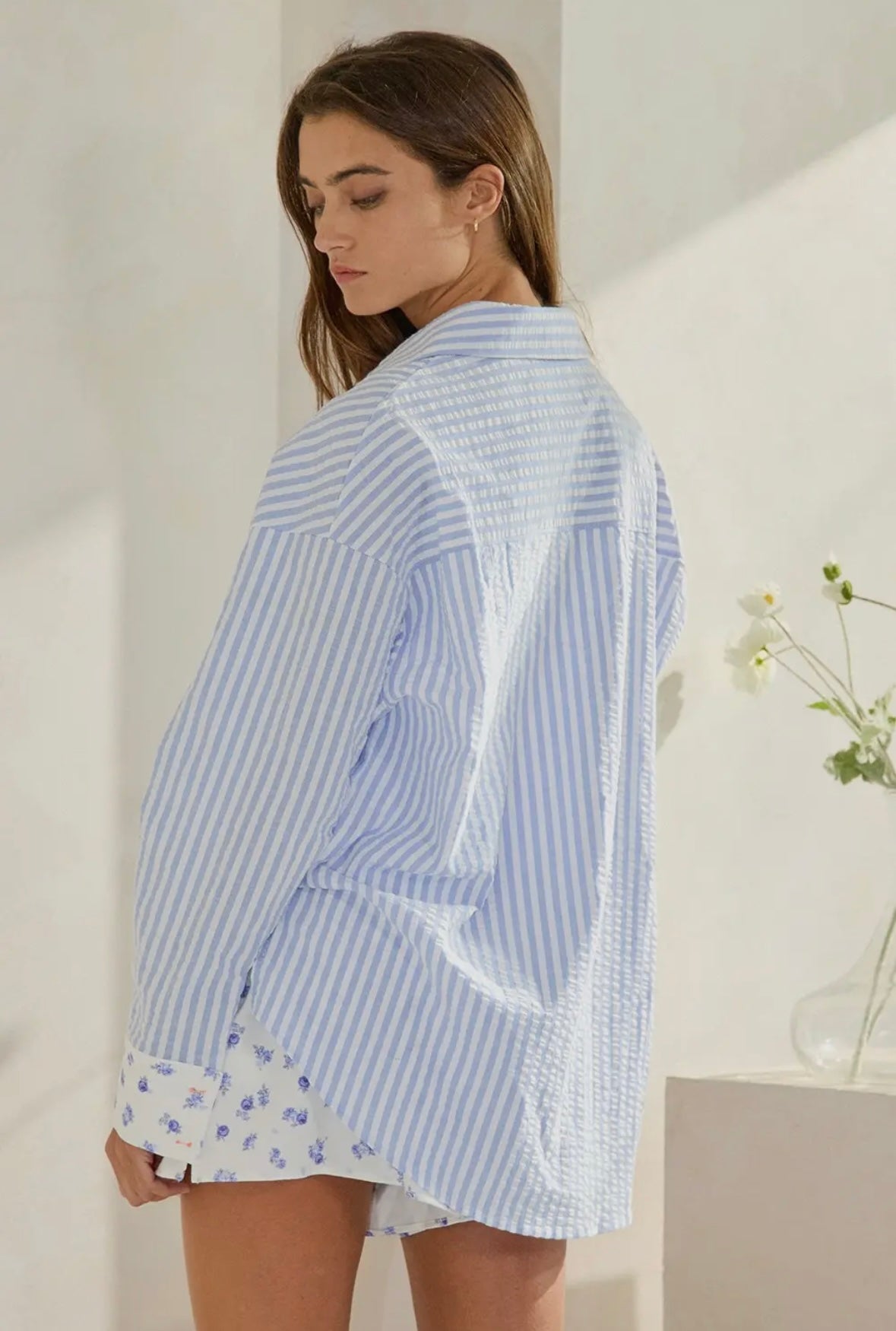 Floral Contrast Detailed Button-Down Striped Shirt