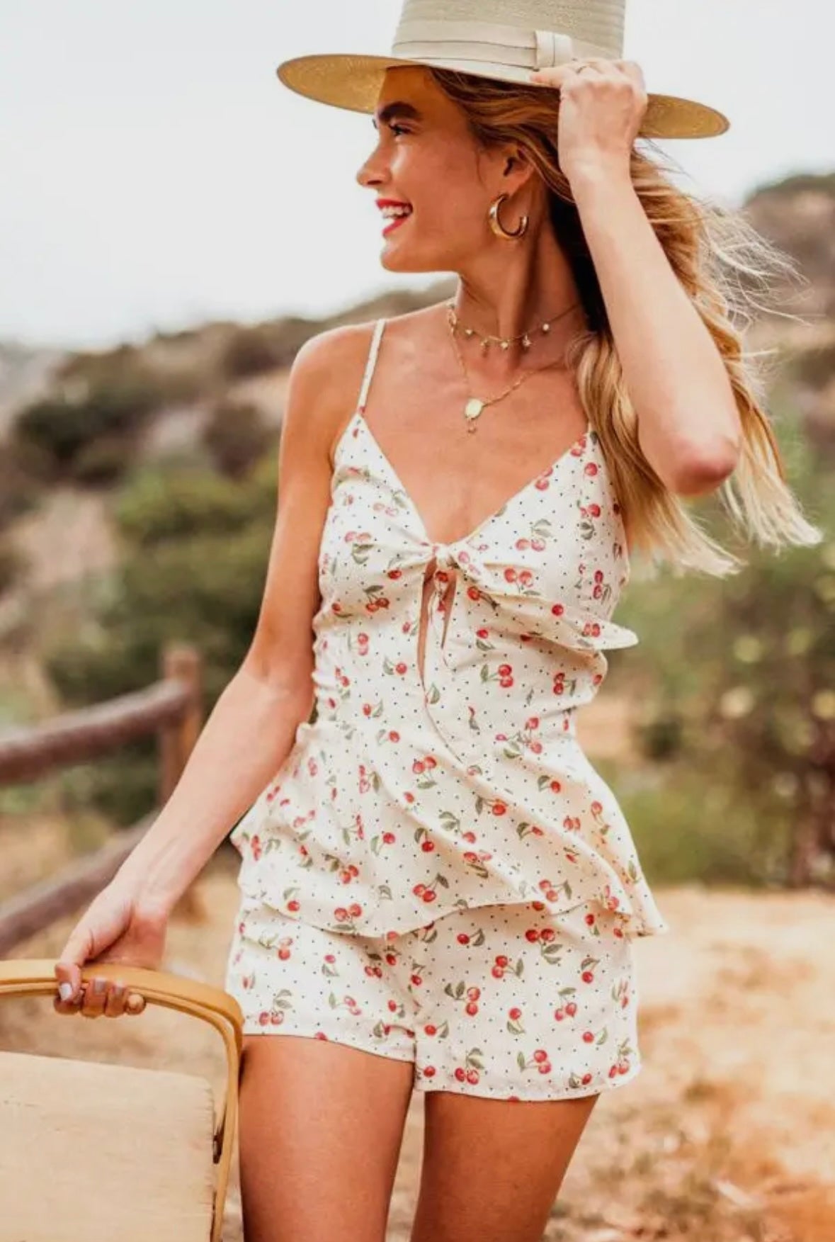 Lexi Cherry Peplum Front Tie Romper