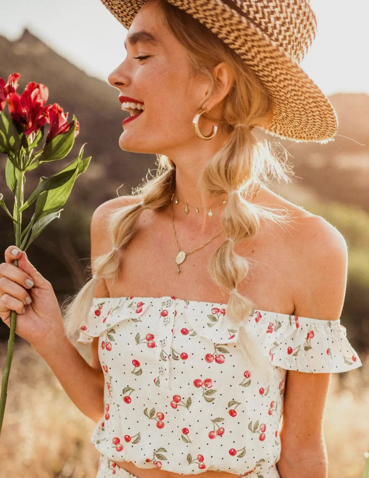 Juliet Ivory Cherry Ruffle Front Crop Top