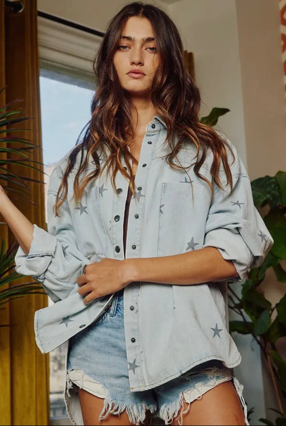 Star Print Washed Denim Shirt Jacket Shacket