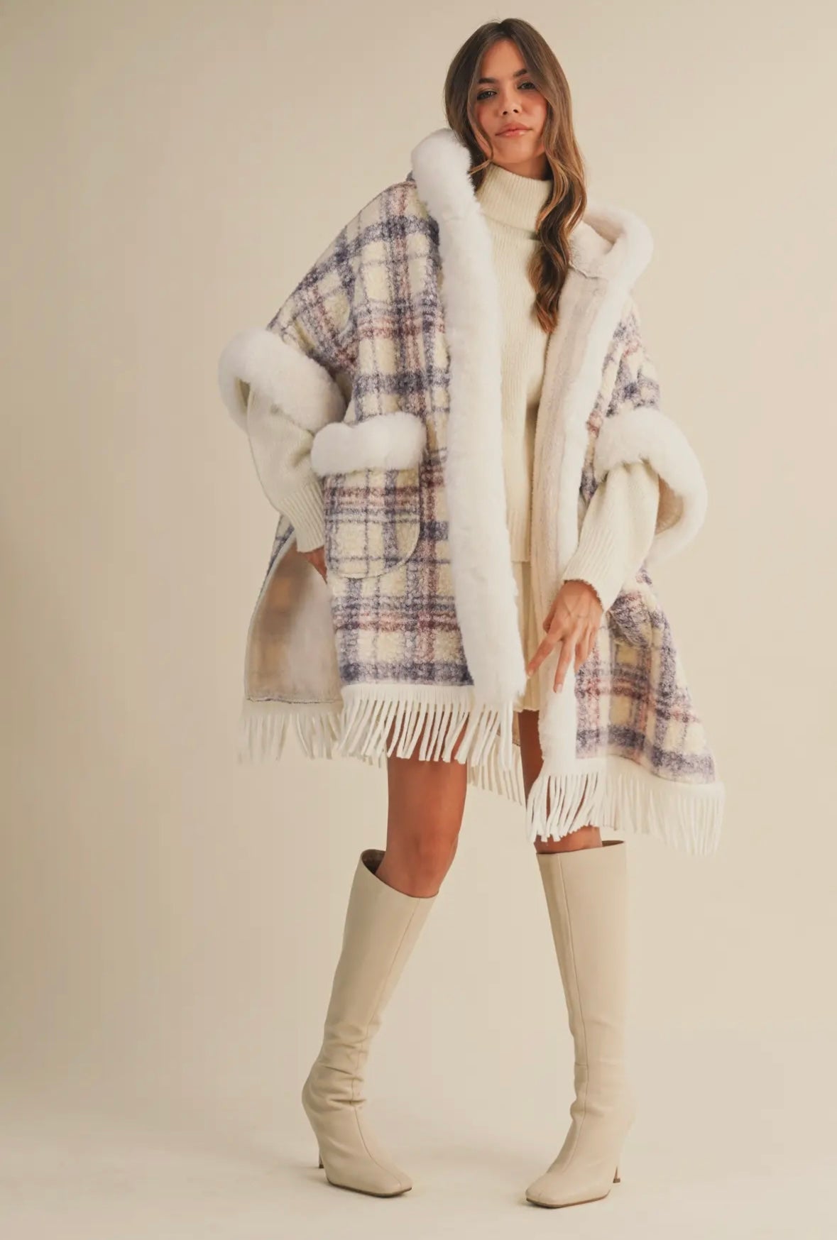 Plaid Printed Faux Fur Trim Oversized Cape Coat
