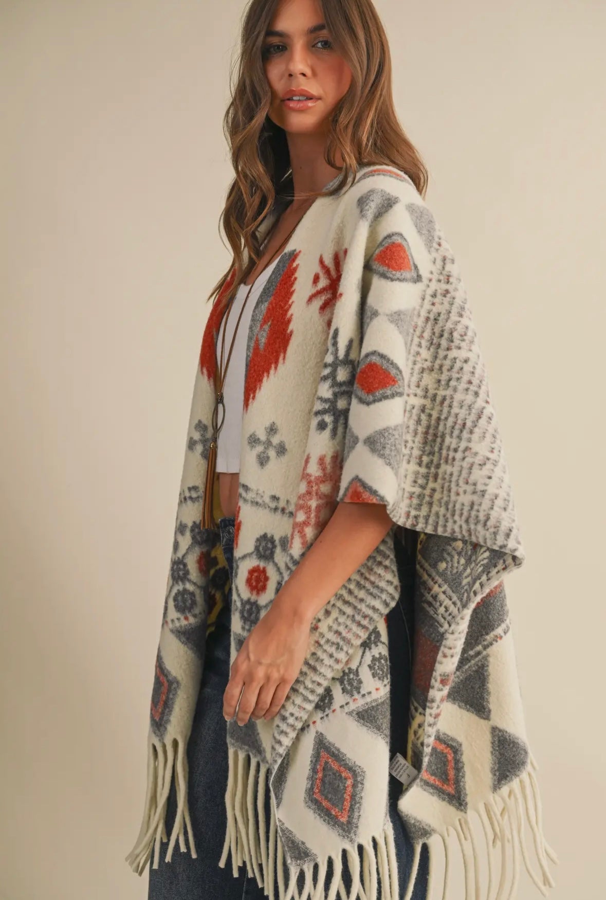 Oversized Fringe Cape With Patterns