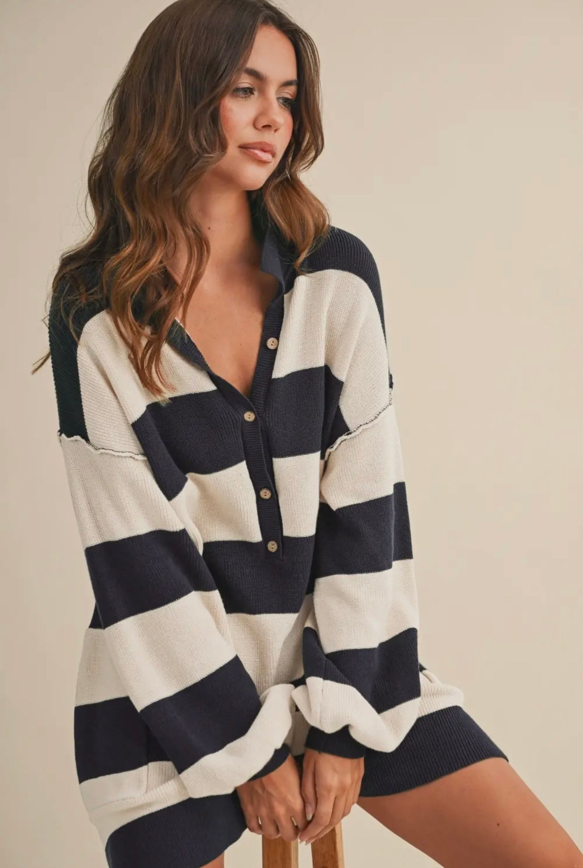Long Sleeved Collard Striped Relaxed Fit Romper
