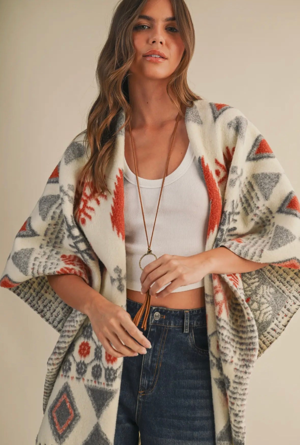 Oversized Fringe Cape With Patterns