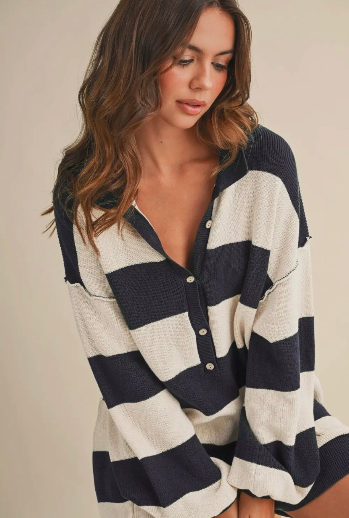 Long Sleeved Collard Striped Relaxed Fit Romper