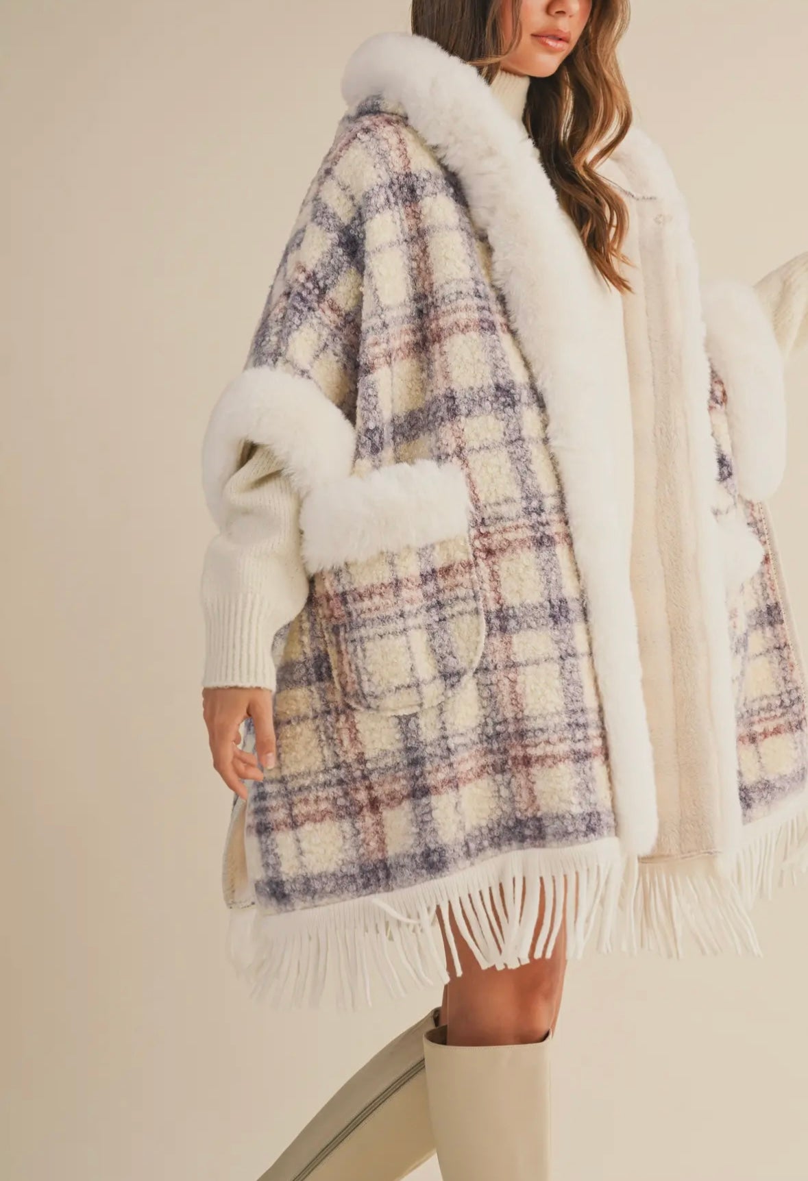 Plaid Printed Faux Fur Trim Oversized Cape Coat