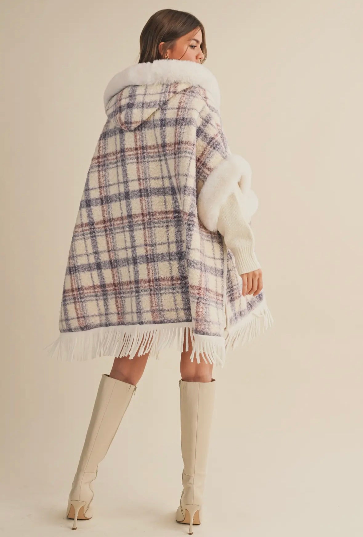 Plaid Printed Faux Fur Trim Oversized Cape Coat