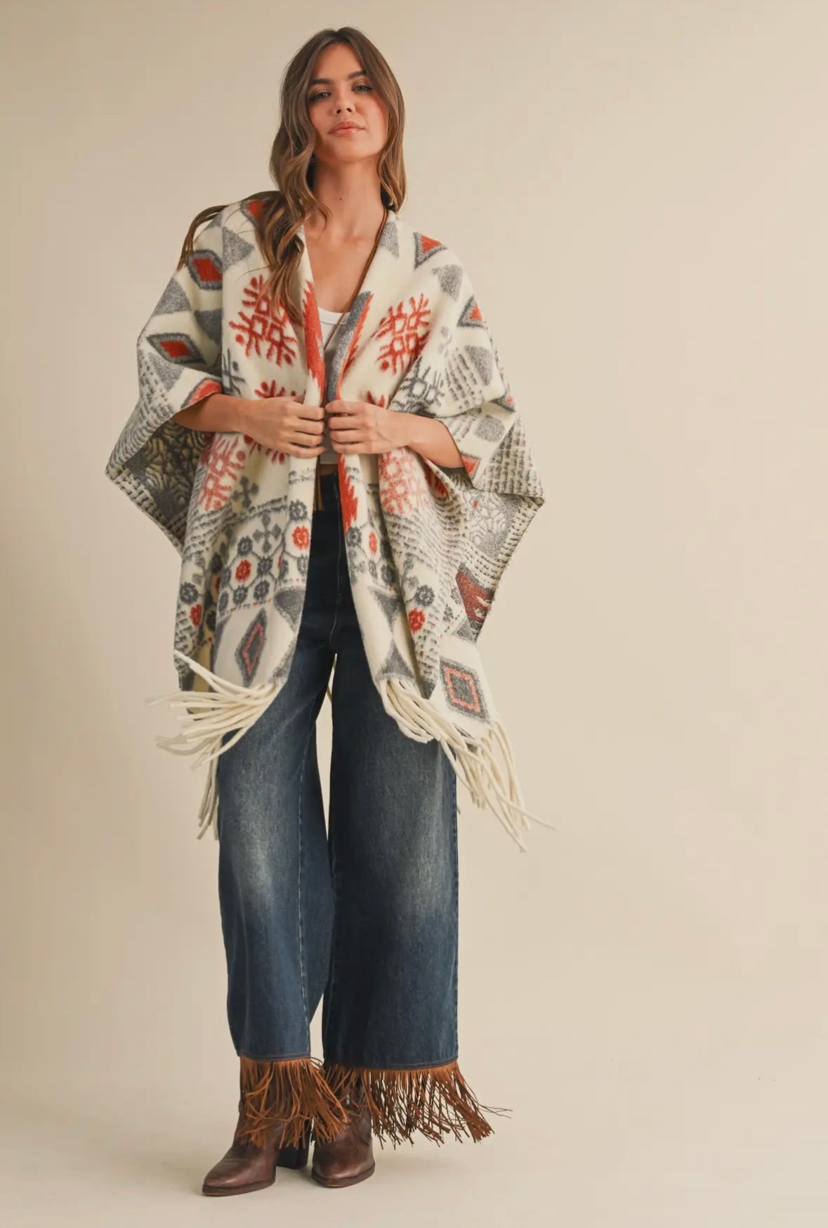 Oversized Fringe Cape With Patterns