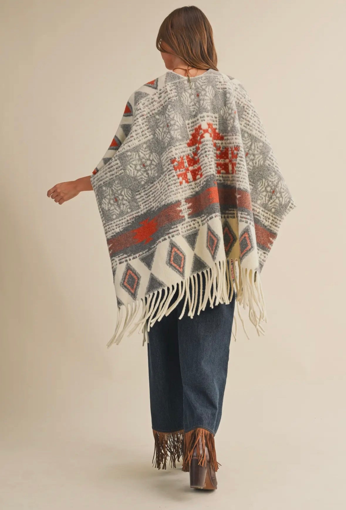 Oversized Fringe Cape With Patterns