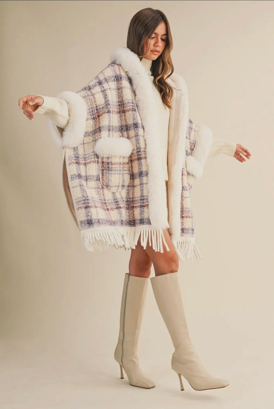 Plaid Printed Faux Fur Trim Oversized Cape Coat