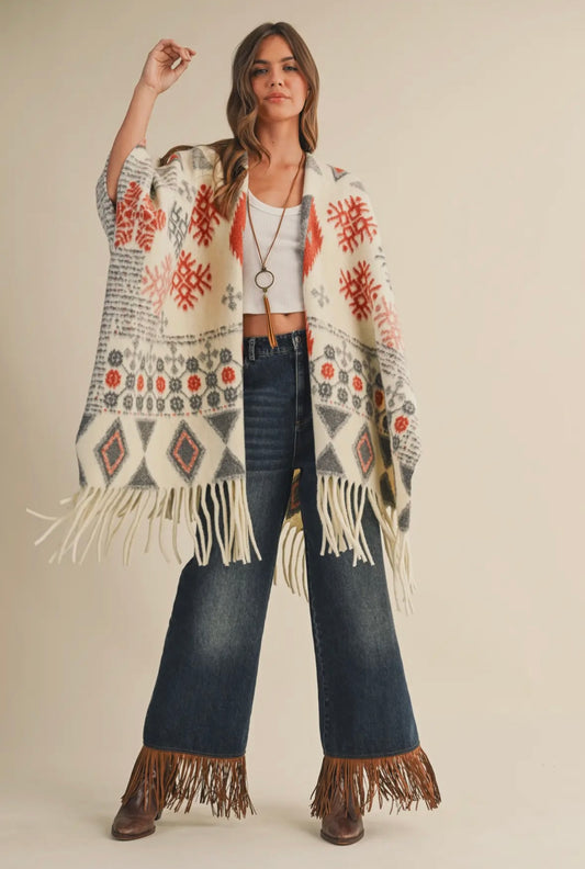 Oversized Fringe Cape With Patterns