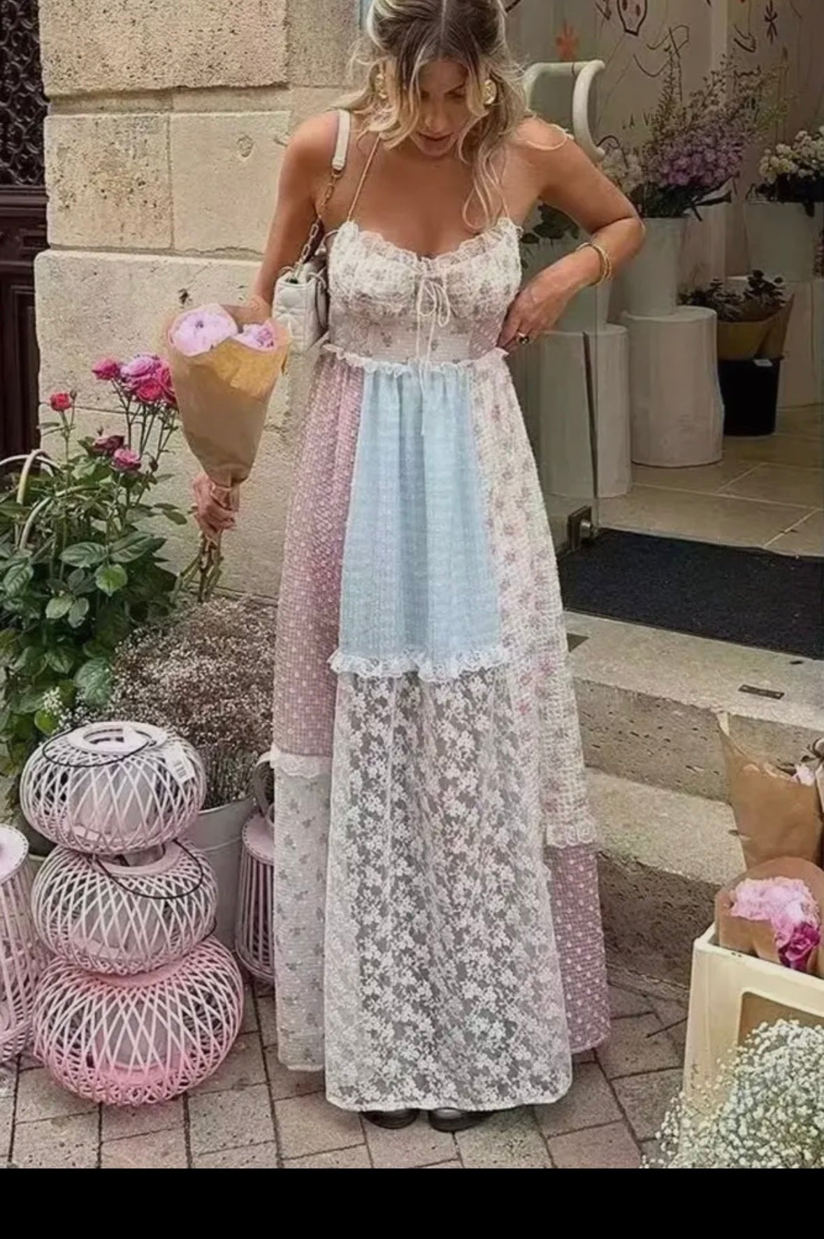 Floral Sheer Mesh Lace Patchwork Halter Maxi Flare Dress