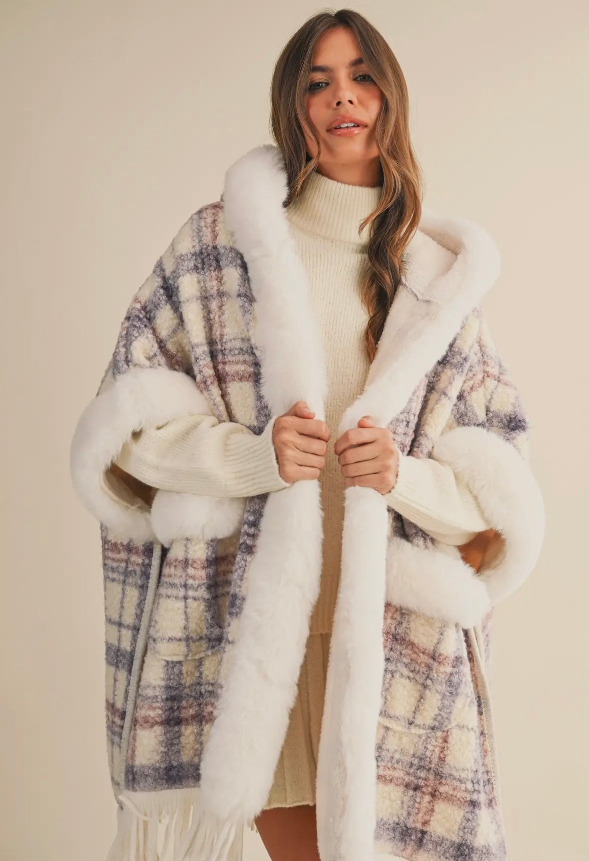 Plaid Printed Faux Fur Trim Oversized Cape Coat